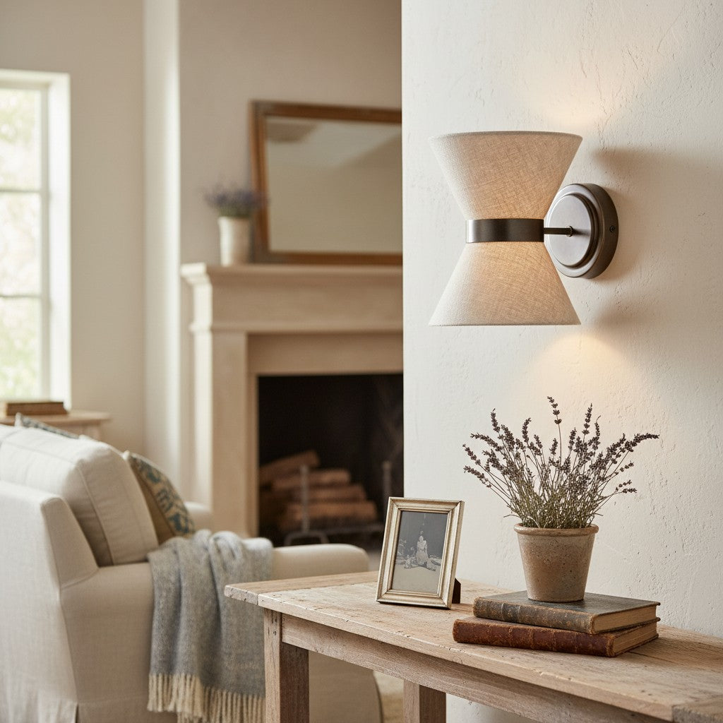 Lámpara de Pared Ankora - Pantalla de Lino con Diseño de Corbatín, Aplique de Metal de Latón Envejecido para Pasillo
