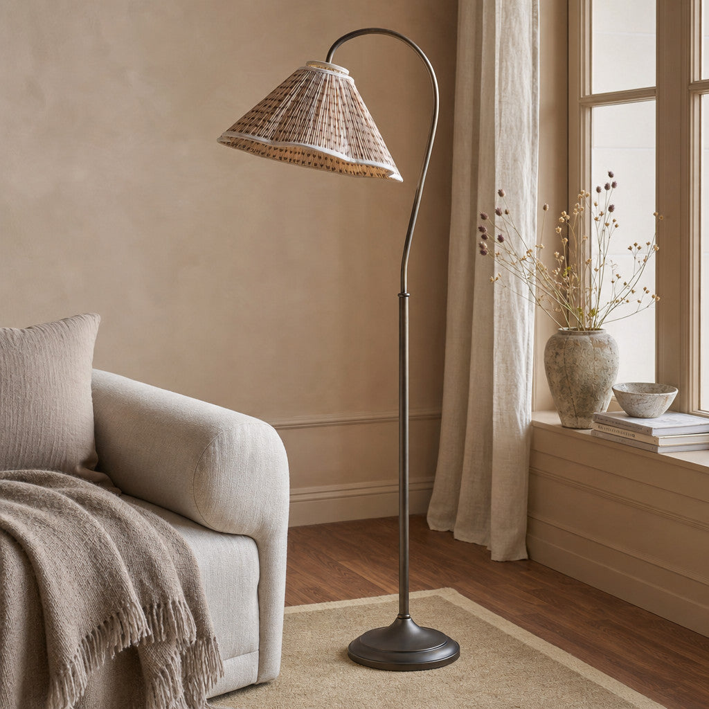 Veslin Elegant Floral Gooseneck Floor Lamp - Floral Linen Shade Lamp for Living Room