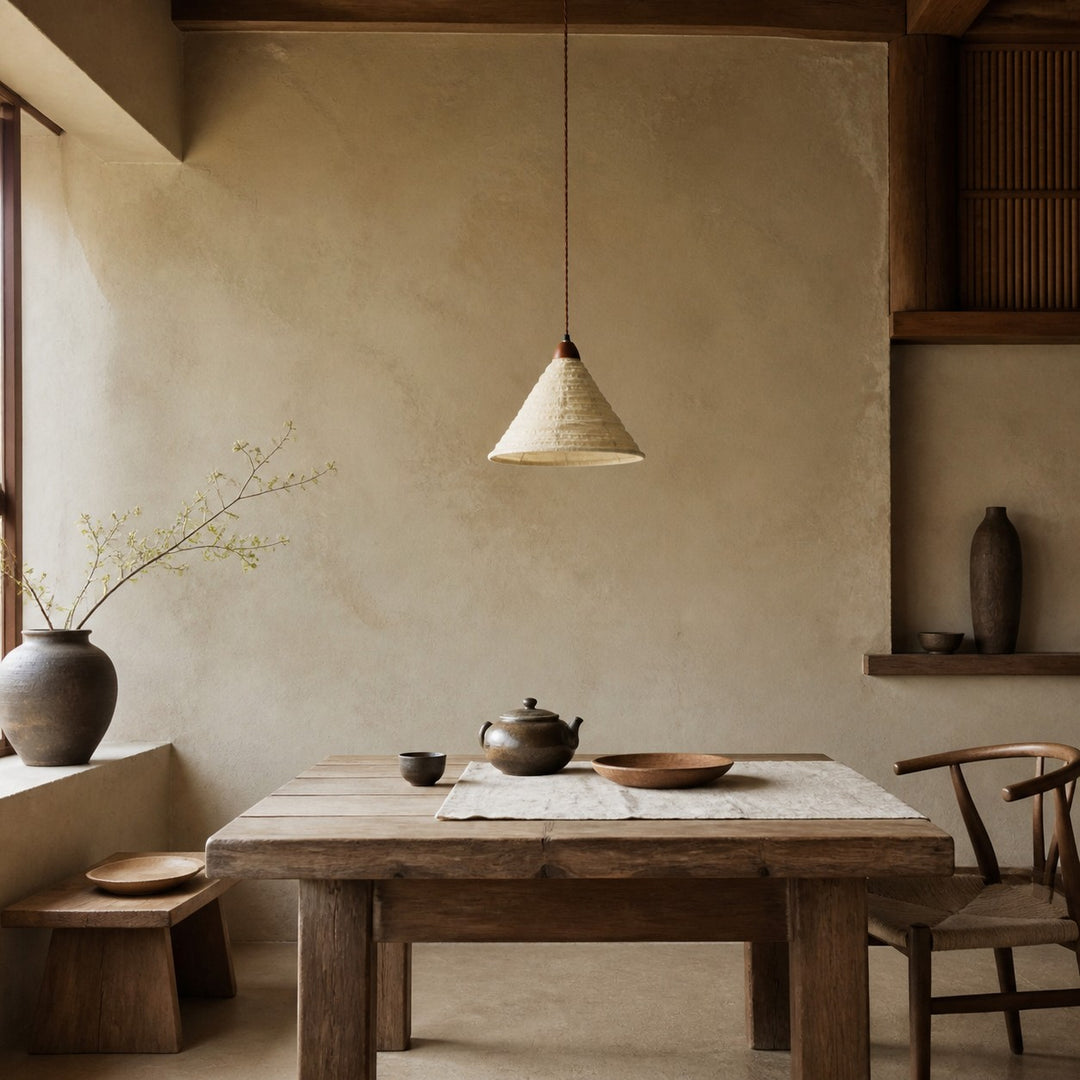 Geplooide stoffen kegelvormige hanglamp met houten houder