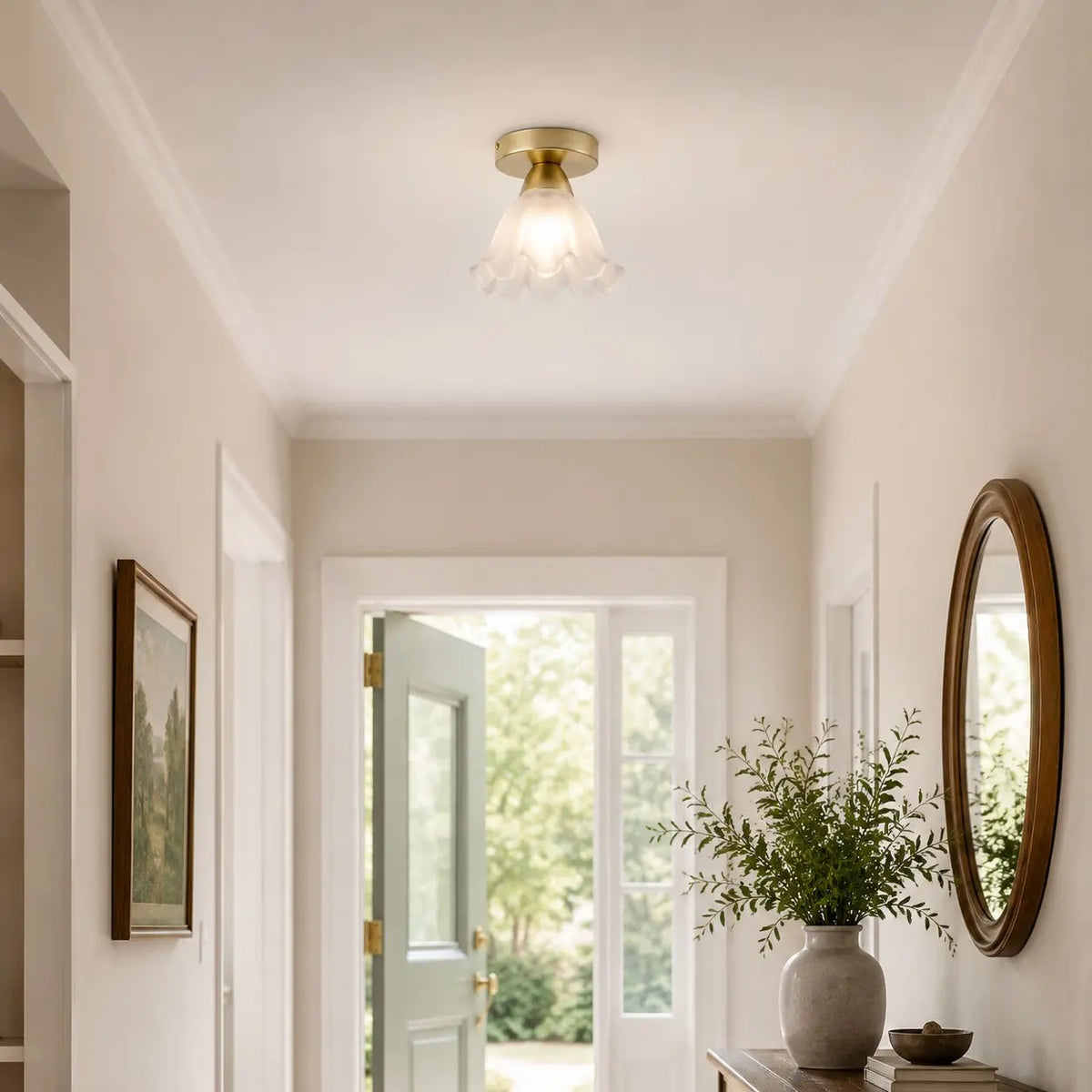 Petal glass ceiling light in a bright entryway