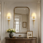 Charger l'image dans la visionneuse de la galerie, Brass fabric shade wall sconce styled in an entryway