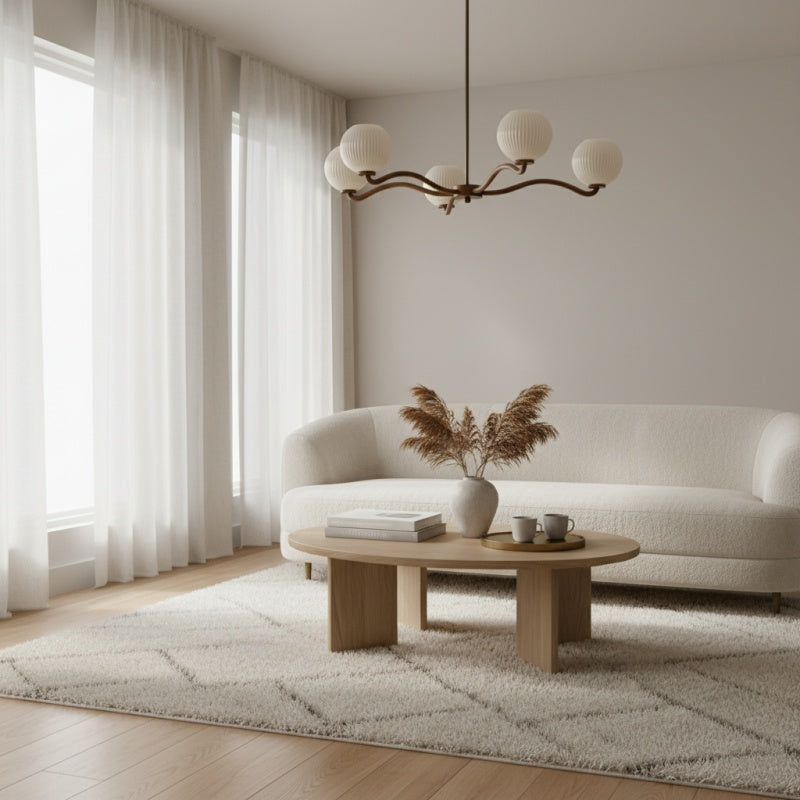 Lampadario Contemporaneo Shella a Cinque Sfere – Lampada a Sospensione in Legno, Metallo e Vetro per Camera da Letto o Sala da Pranzo