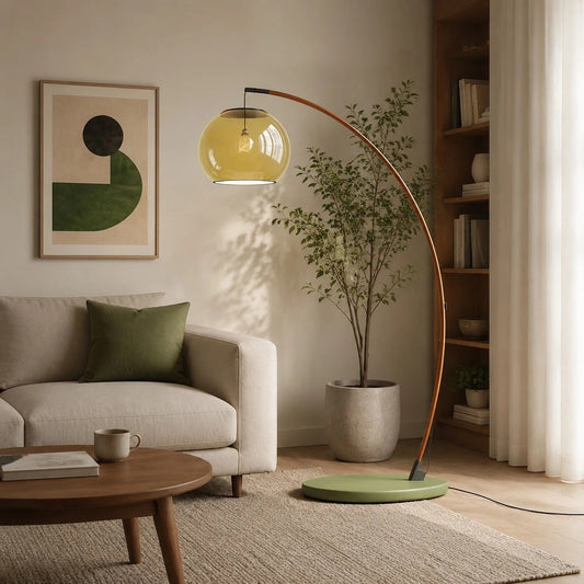 Vintage green glass floor lamp in a living room