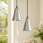 Carica l'immagine nella visualizzazione Galleria, Pair of polished chrome pendant lights in a bright interior