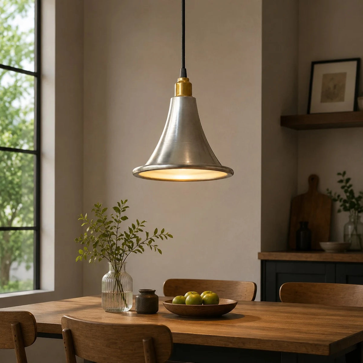 Pendant light installed in restaurant dining space