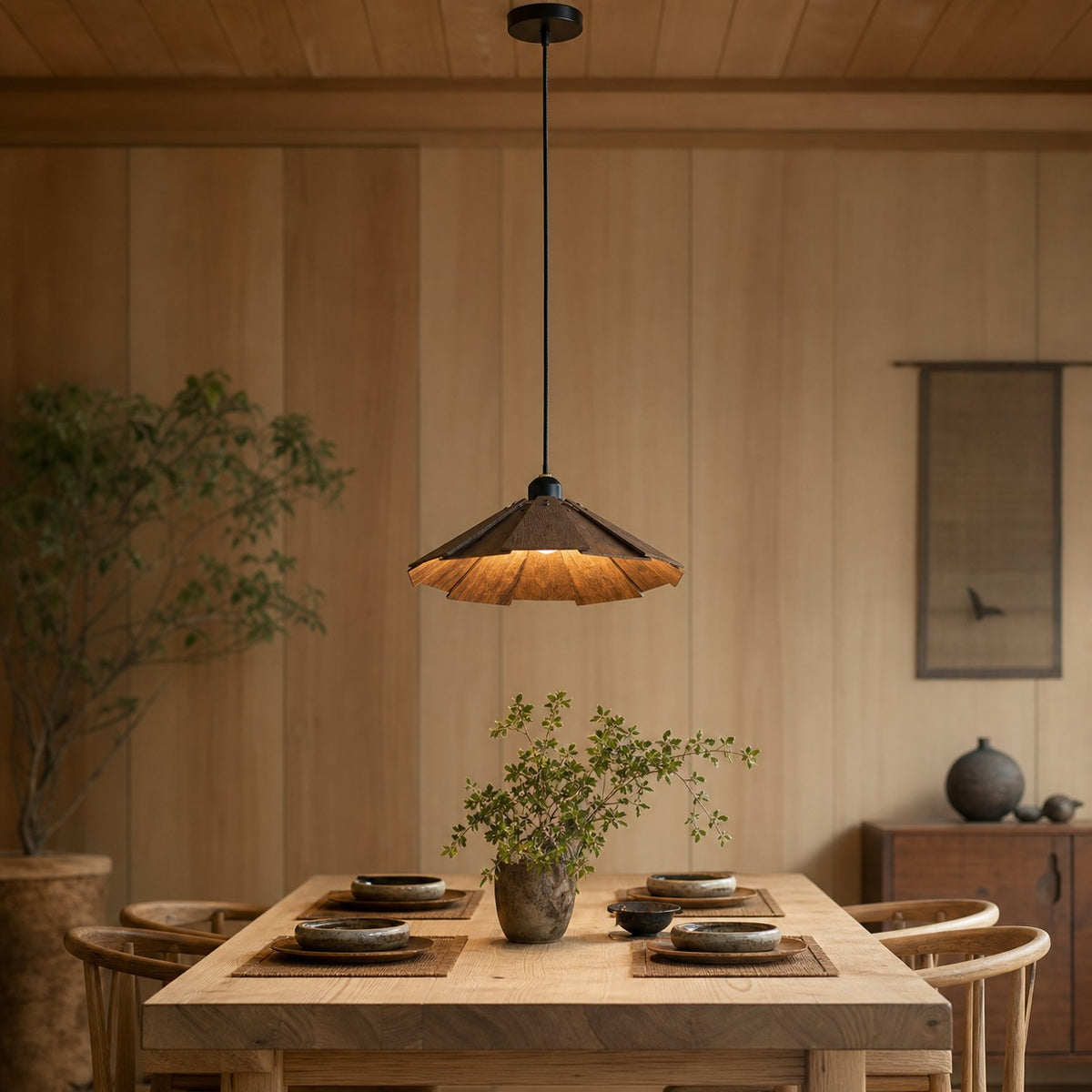 Wooden pendant light above a dining table
