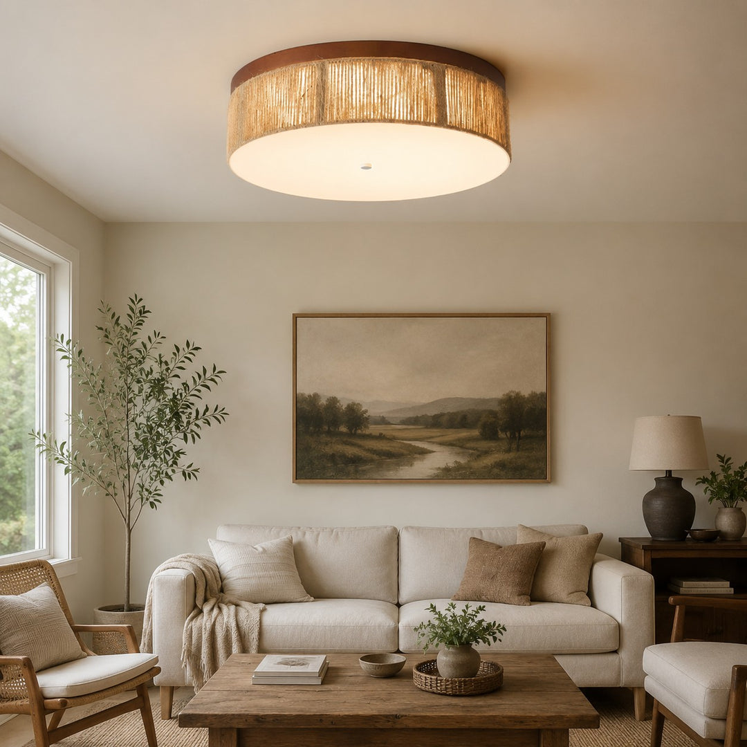 Wabi-Sabi-plafondlamp van massief hout en gevlochten touw met ledverlichting, direct tegen het plafond