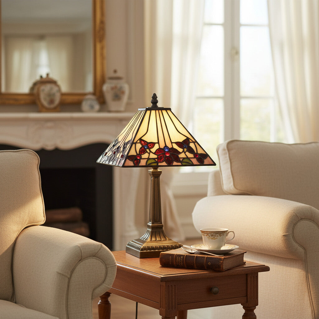 TF Camillo Ważka Lampa Stołowa z Witrażem - Styl Art Nouveau Tiffany z Falowanym Brzegiem do Salonu i Sypialni
