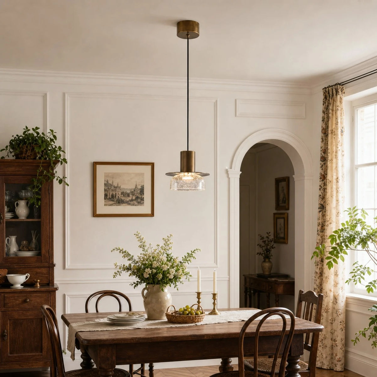 Crackle glass pendant in a home dining setting