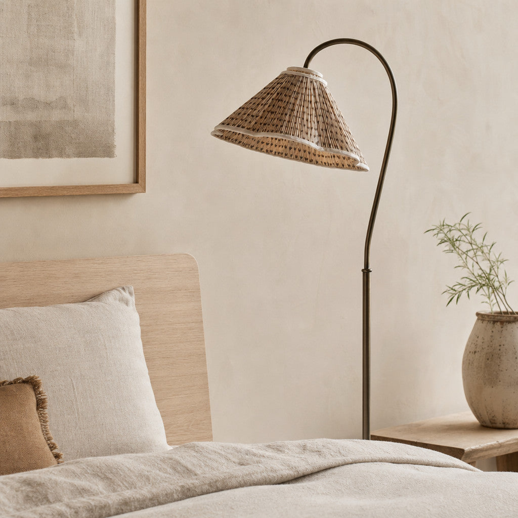 Veslin Elegant Floral Gooseneck Floor Lamp - Floral Linen Shade Lamp for Living Room