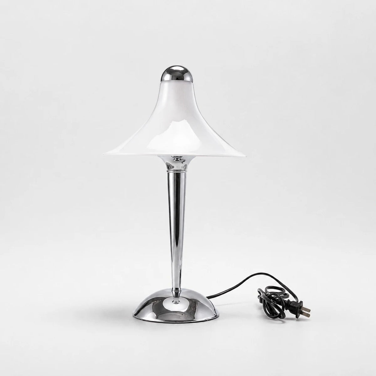 Flared white shade and chrome stem detail