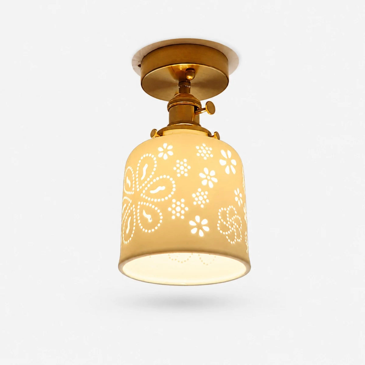 Flush mount floral ceramic ceiling light with brass canopy