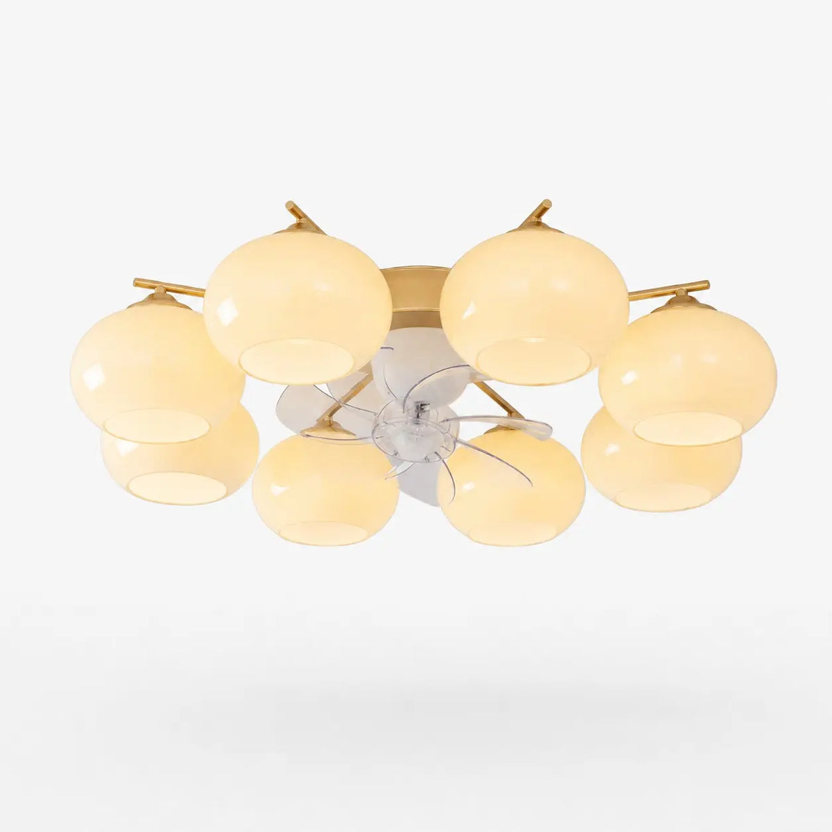 8-light modern gold ceiling fan light with white glass shades