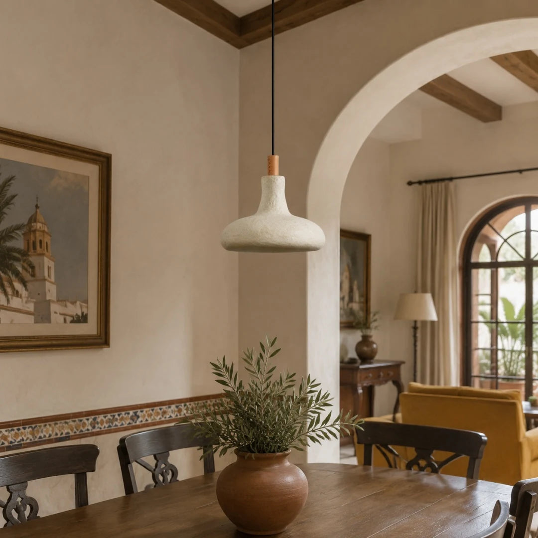Pendant lamp installed in a warm hallway dining corner