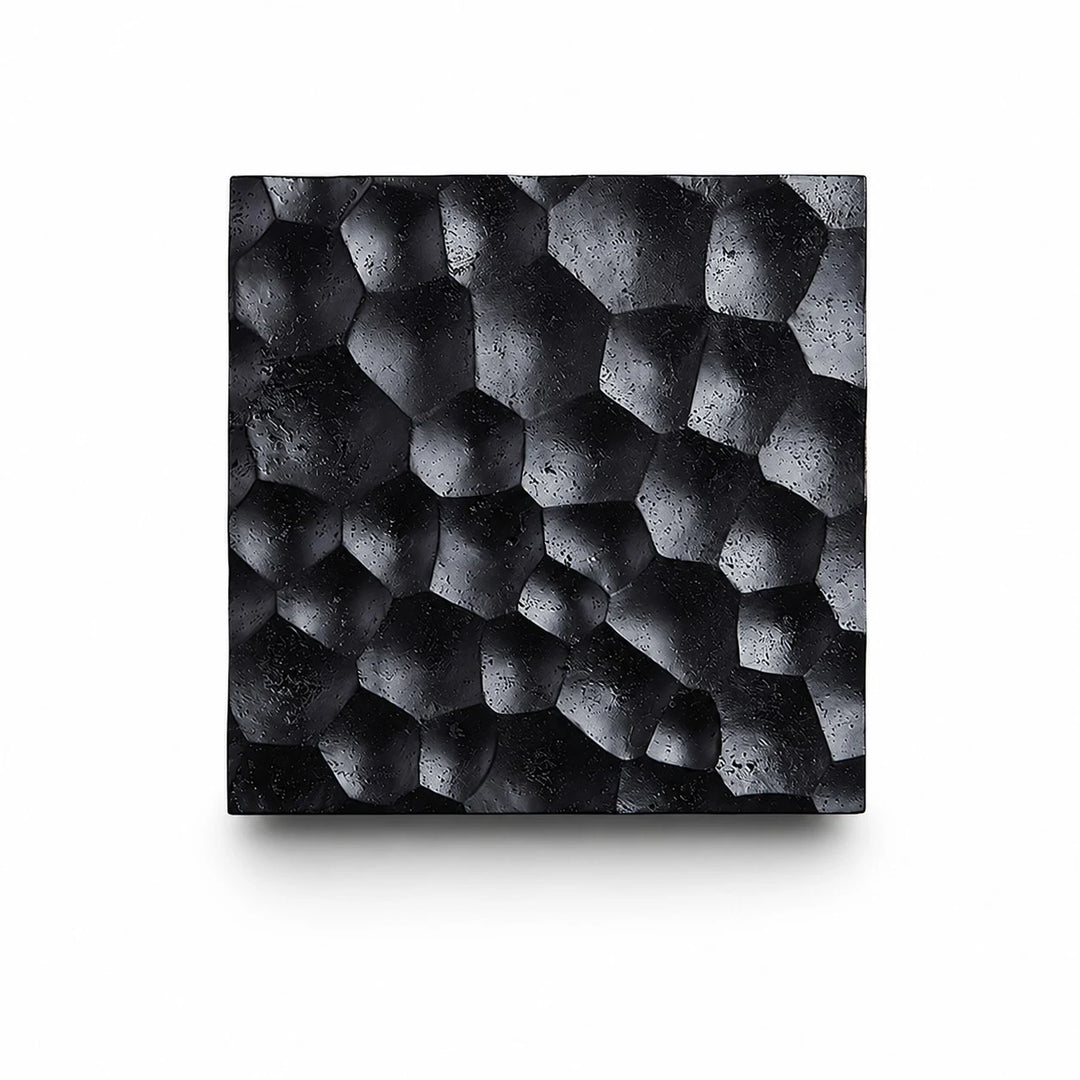 Black travertine carved square wall sconce with warm LED backlight