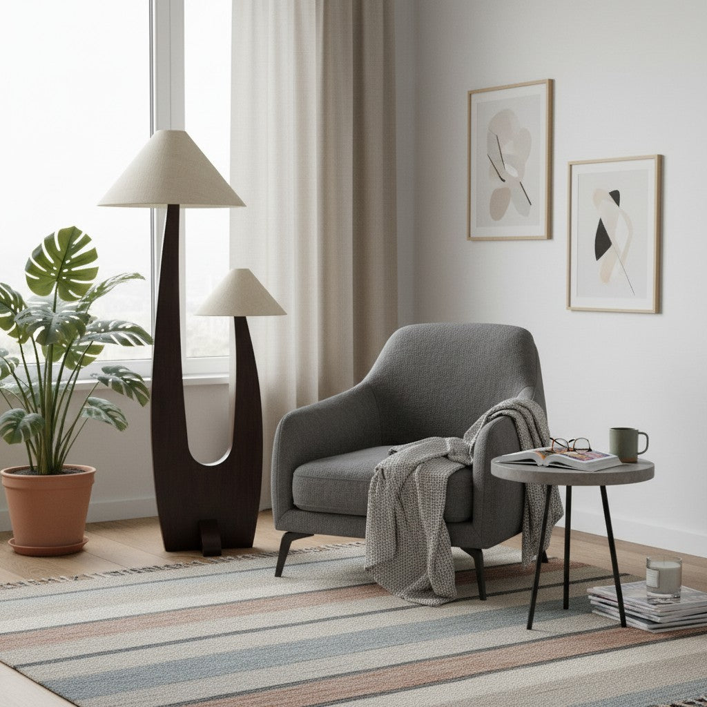 Cordove lampa podłogowa Arc – nowoczesne organiczne drewno lite i tkanina do salonów