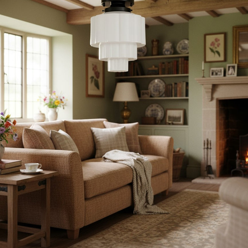 Geotower Glass Brass Ceiling Light – Art Deco Ribbed Globe Flush Mount