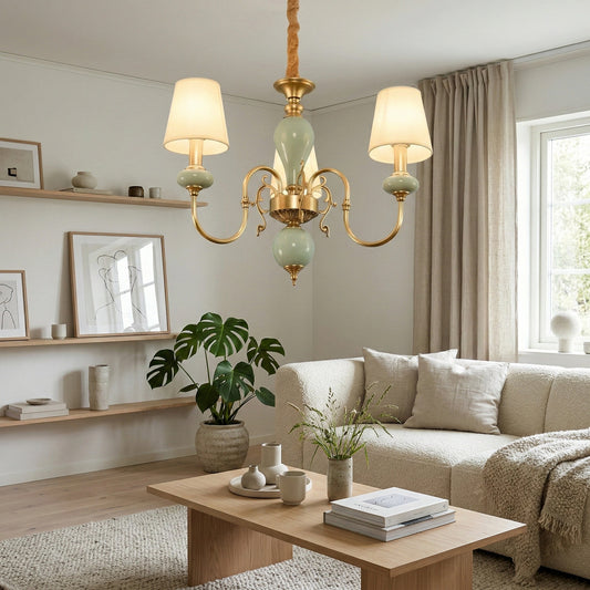 Lustre Branche Série Altoris avec Abat-jours en Tissu – Lustre en Laiton et Céramique pour Salon