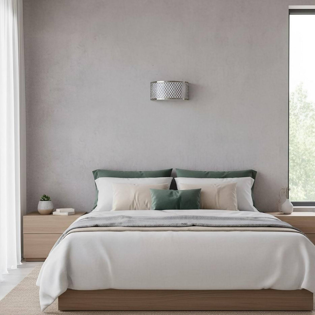 Liorin fretwerk wandlamp - moderne gebogen metalen en stoffen kap wandlamp voor hal of slaapkamer