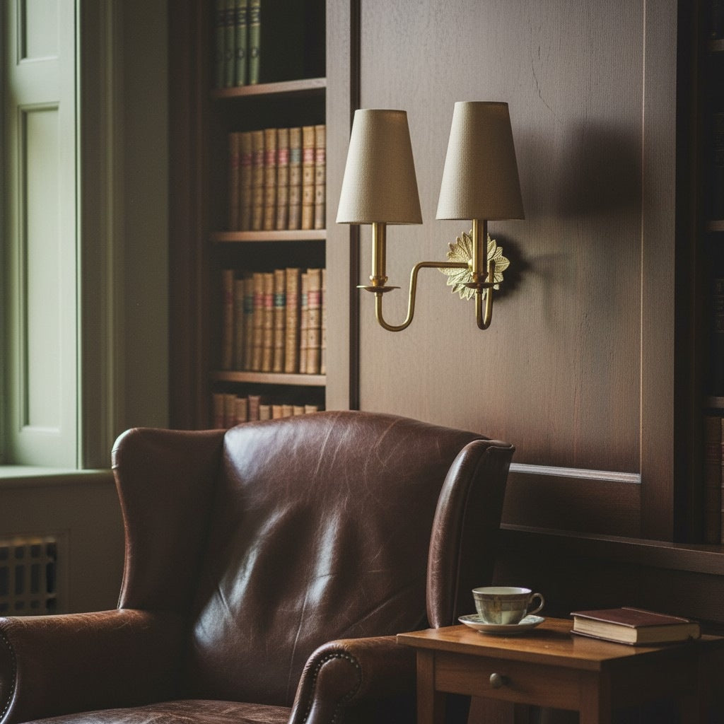 Aplique doble Duova – Metal de latón antiguo y pantallas de lino para dormitorio o estudio