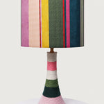 Charger l'image dans la visionneuse de la galerie, Close view of the colorful striped fabric shade and cotton-wrapped ceramic base
