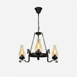 Afbeelding laden in galerijweergave, Three-light black iron chandelier with clear hurricane glass shades
