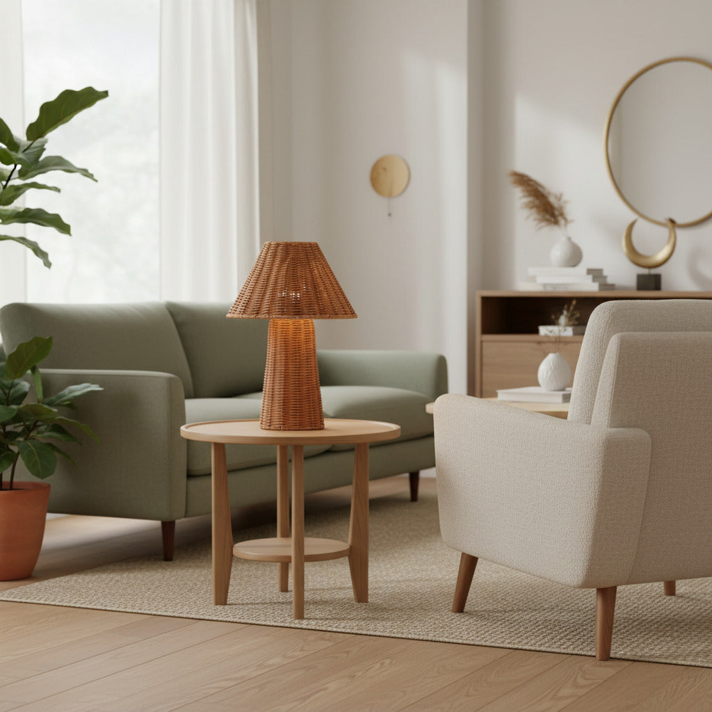 Wickara rzeźbiarska mini lampa stołowa z rattanu – naturalne plecione wykończenie, odpowiednia na stoliki boczne i do przedpokojów