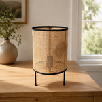 Cargar imagen en el visor de la Galería, open weave natural rattan LED table lamp on wooden table