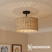 Lannister Coastal 2-licht semi-opbouw plafondlamp met handgeweven trommelkap voor slaapkamer