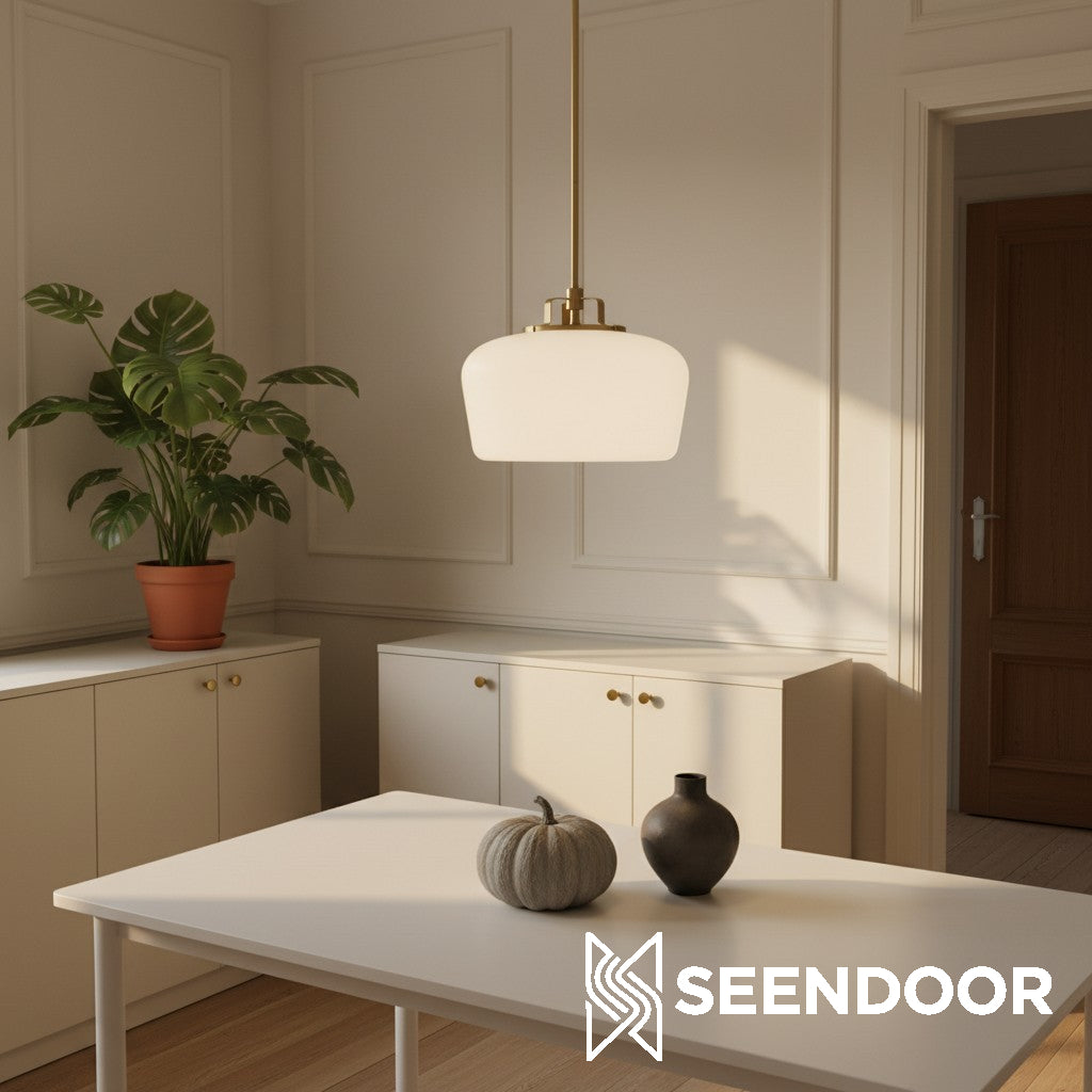 Moderne antiek messing opaalwit glazen kap hanglamp keuken eiland