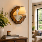 Cargar imagen en el visor de la Galería, Antique Wood Wall Sconce With Fabric Shade