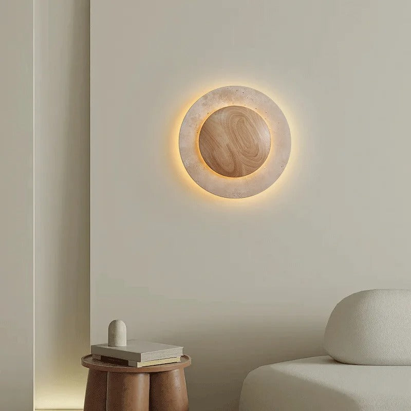 Applique murale ronde en bois et travertin