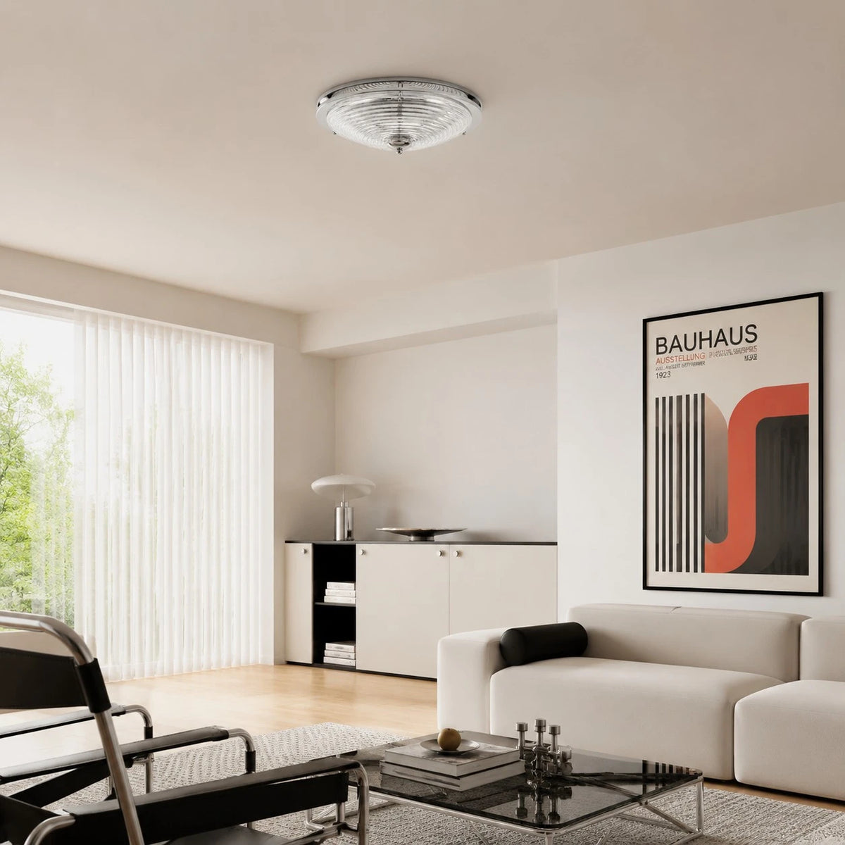 Rippled glass ceiling light installed in a Bauhaus-inspired living room