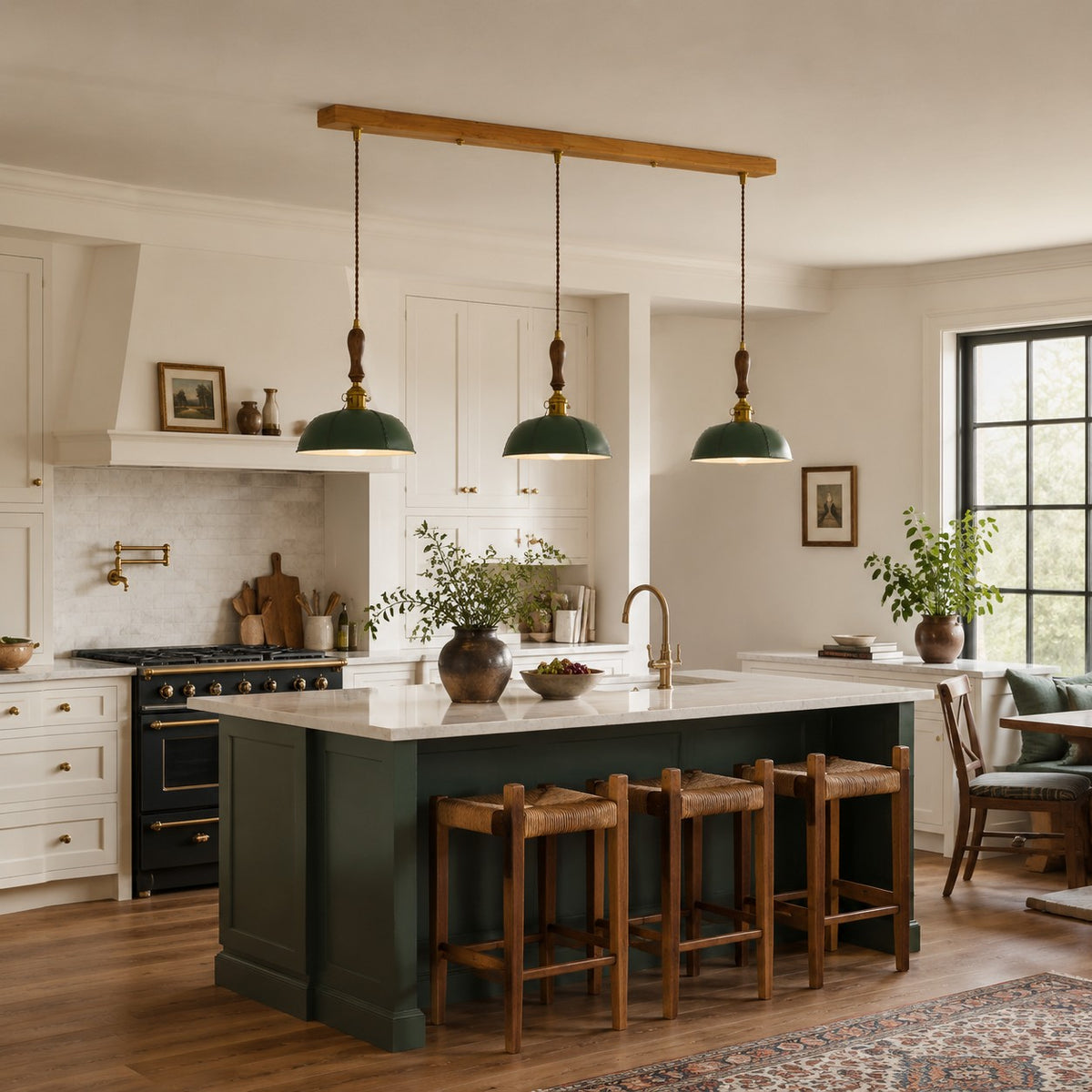 Deep green three-light pendant over a kitchen island