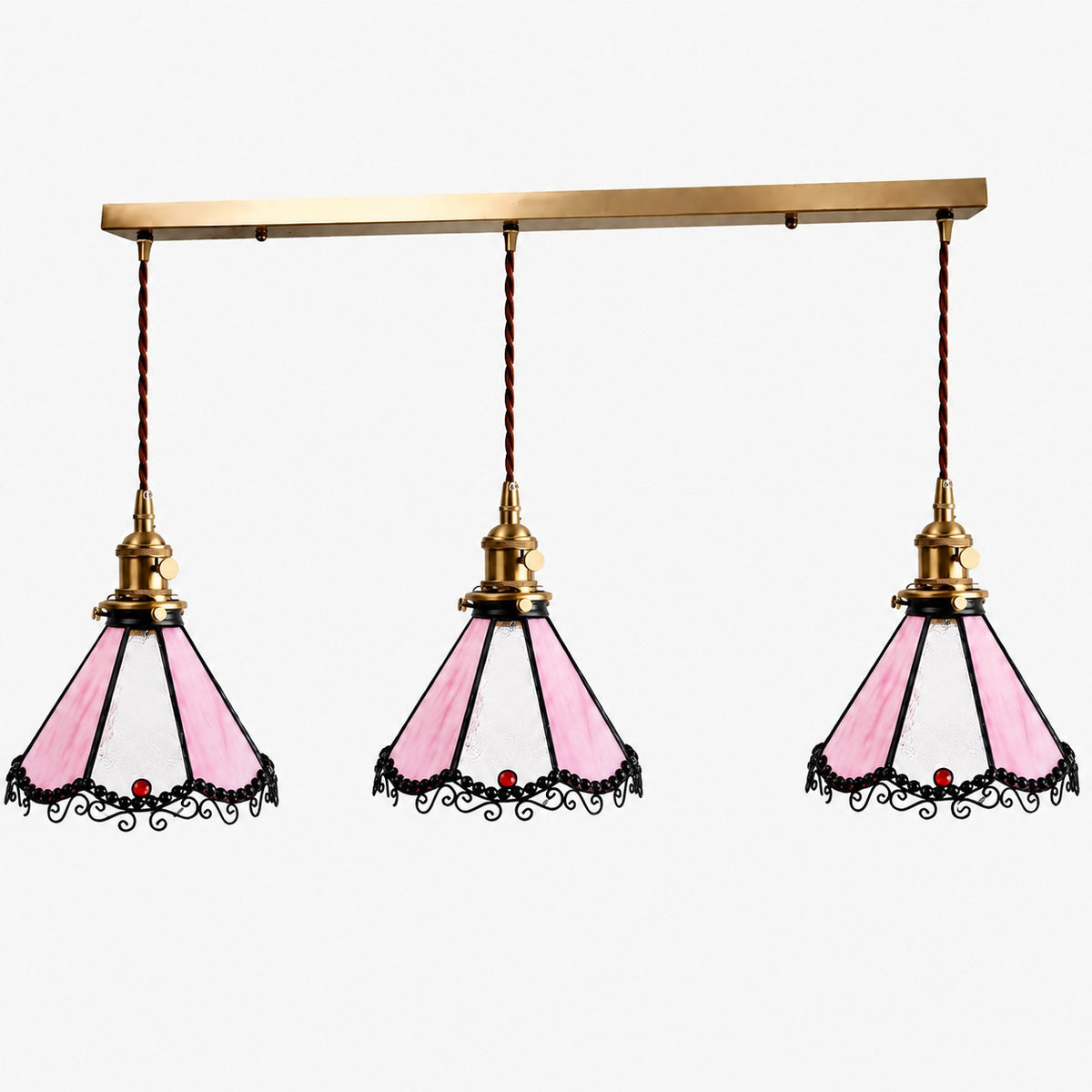 Pink three-light stained glass linear pendant
