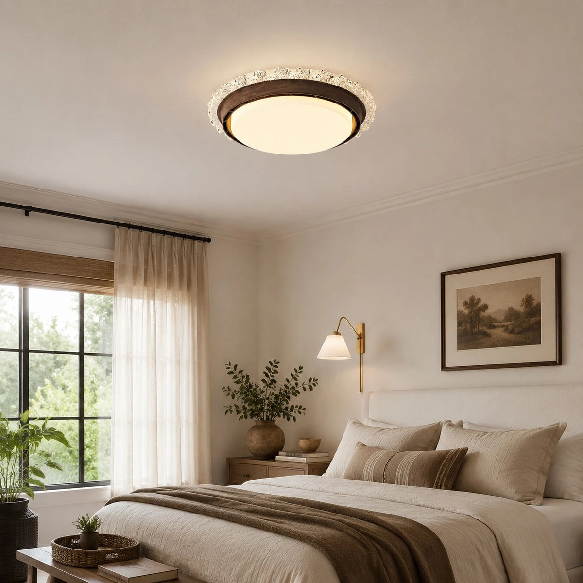 Low profile ceiling fan light in a bright bedroom
