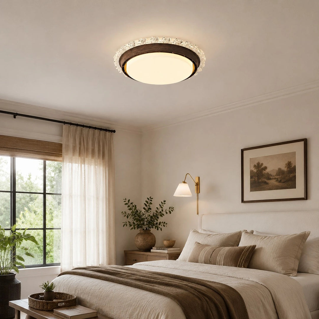 Low profile ceiling fan light in a bright bedroom