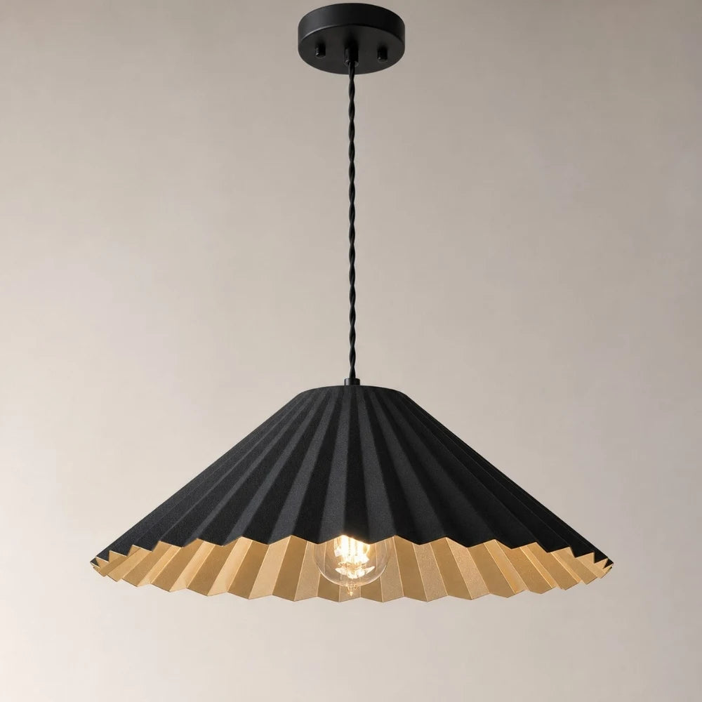 Black pendant lamp ceiling canopy and pleated shade detail