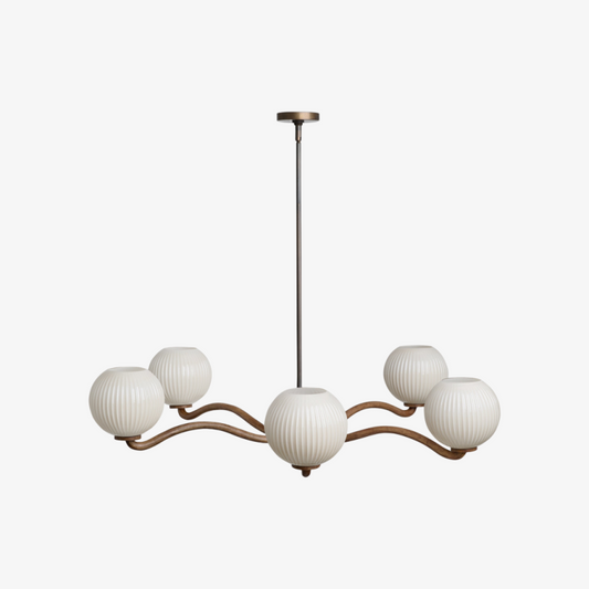 Lámpara de Araña Contemporánea Shella de Cinco Esferas – Iluminación Colgante de Madera, Metal y Vidrio para Dormitorio o Comedor