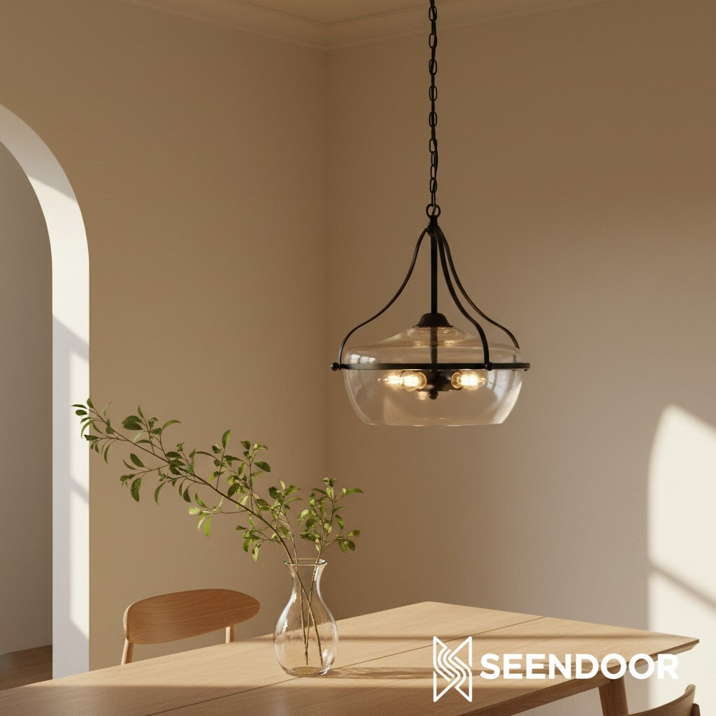 Eira Mid-Century Modern 3-lichts glazen hanglamp met komvormige kap