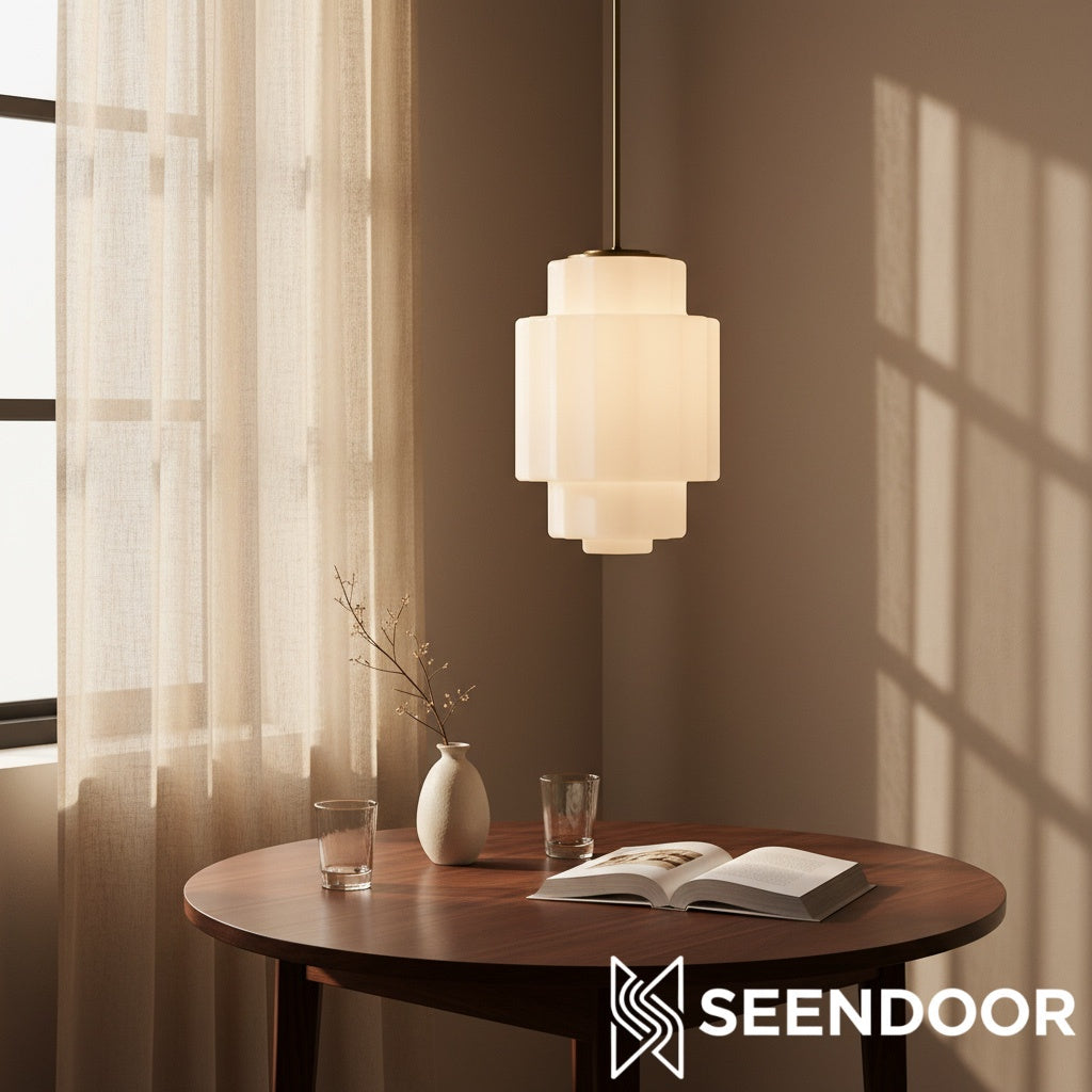 Antieke messing hanglamp met meerdere niveaus en opaalwit glas