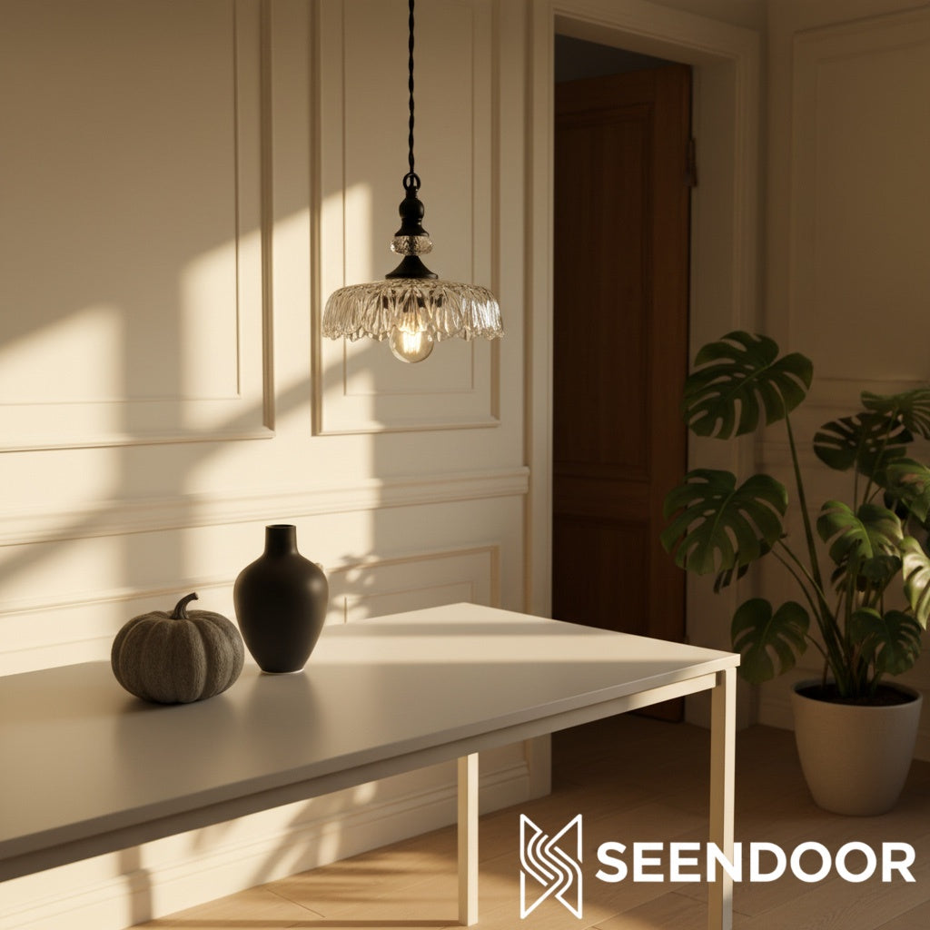 Suspension Verdoma en laiton vintage avec verre transparent - Lampe suspendue fleur pour salle à manger et espaces de vie