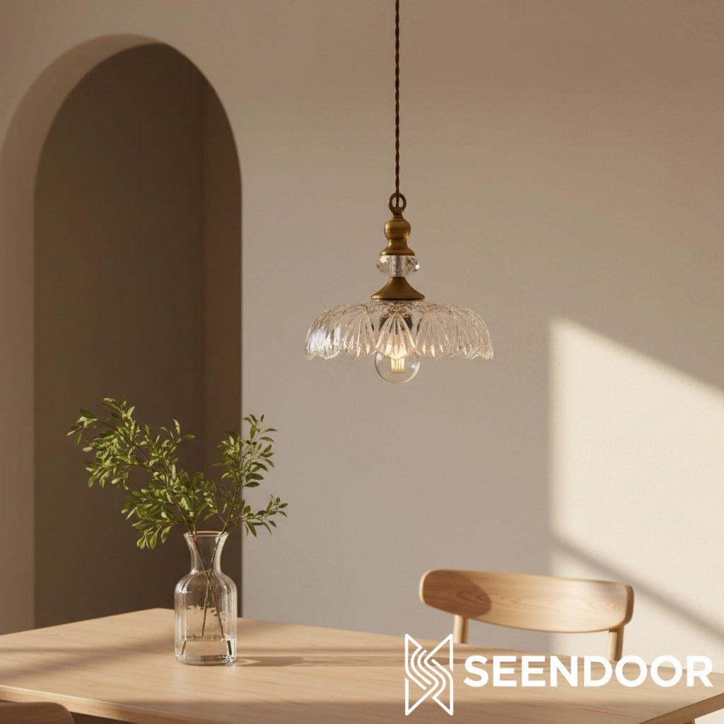 Suspension Verdoma en laiton vintage avec verre transparent - Lampe suspendue fleur pour salle à manger et espaces de vie