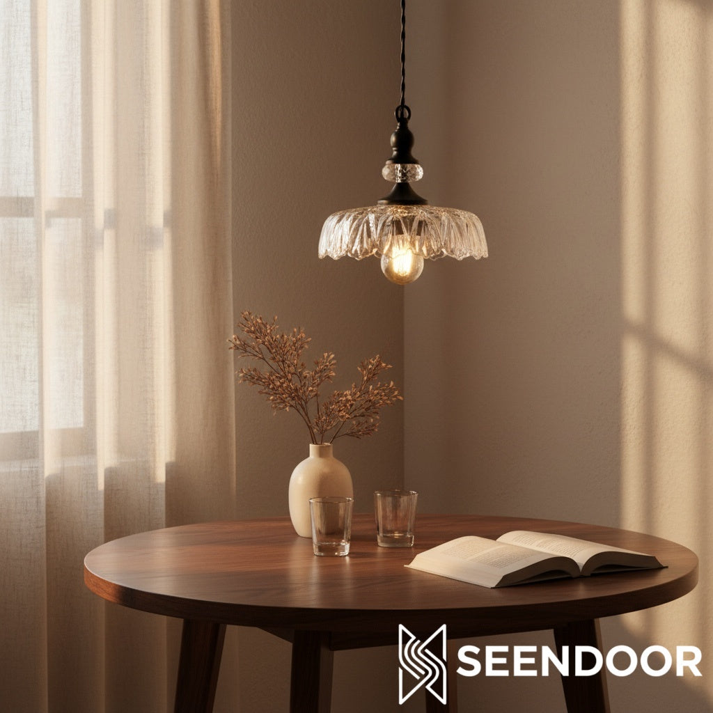 Suspension Verdoma en laiton vintage avec verre transparent - Lampe suspendue fleur pour salle à manger et espaces de vie