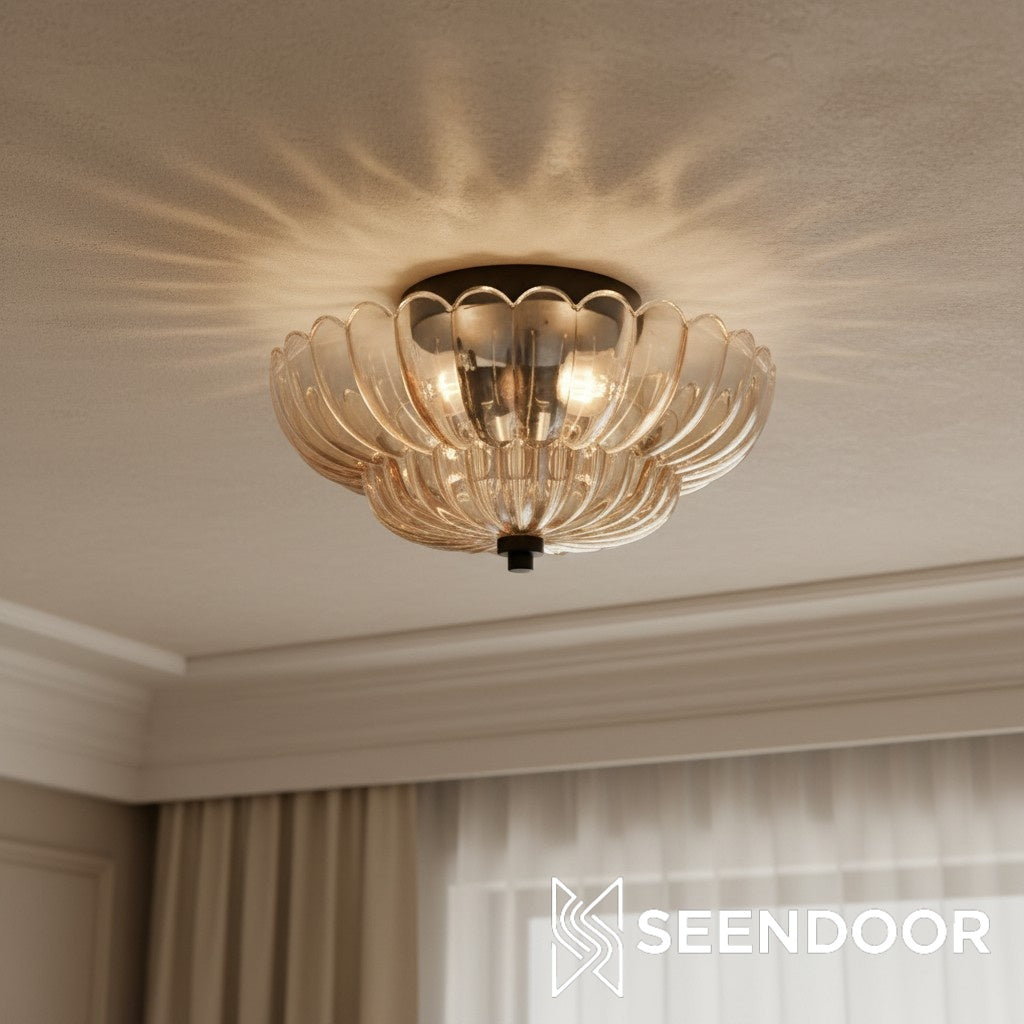 Vintage Lampa Sufitowa z Podwójną Warstwą Kwiatowego Szkła