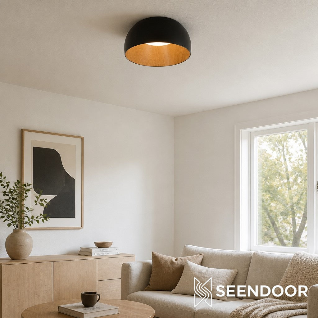Lampe Plafonnier Duo – Luminaire Moderne en Bois Grain et Métal à Montage Affleurant pour Salon et Chambre