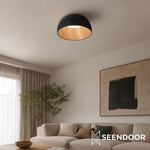 Charger l'image dans la visionneuse de la galerie, Lampe Plafonnier Duo – Luminaire Moderne en Bois Grain et Métal à Montage Affleurant pour Salon et Chambre