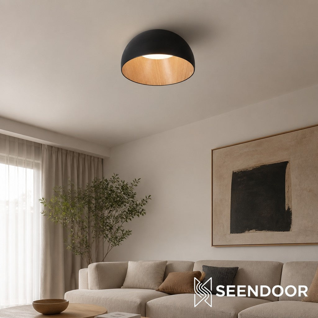 Lampe Plafonnier Duo – Luminaire Moderne en Bois Grain et Métal à Montage Affleurant pour Salon et Chambre