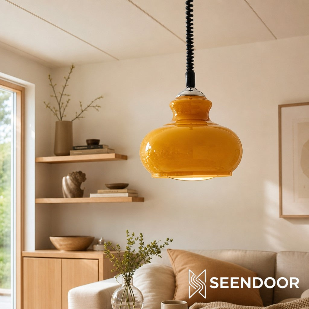 Lampada a sospensione in vetro crema retrò Lunea – Lampada vintage nordica per camera da letto e sala da pranzo