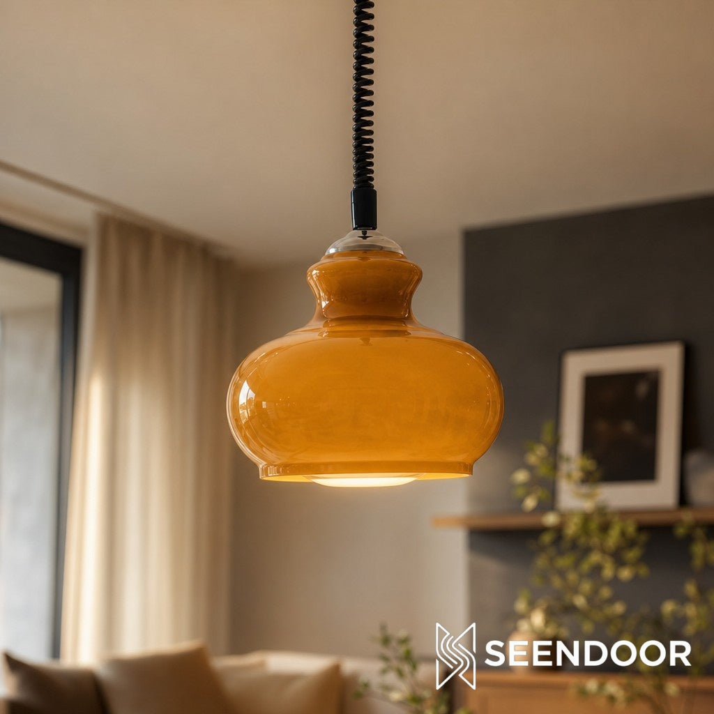 Lampada a sospensione in vetro crema retrò Lunea – Lampada vintage nordica per camera da letto e sala da pranzo